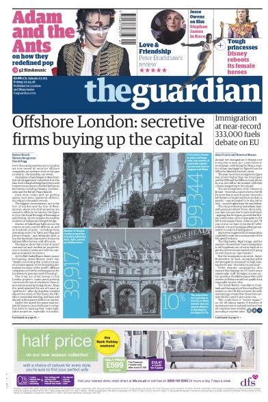 The Guardian Newspaper Front Page (UK) for 27 May 2016