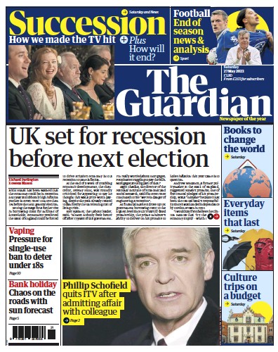 The Guardian Newspaper Front Page (UK) for 27 May 2023