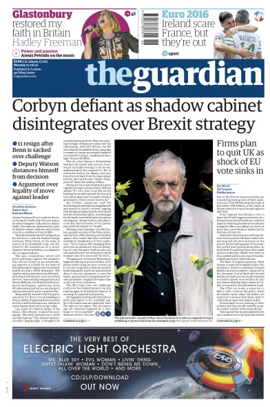 The Guardian Newspaper Front Page (UK) for 27 June 2016