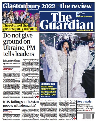 The Guardian Newspaper Front Page (UK) for 27 June 2022