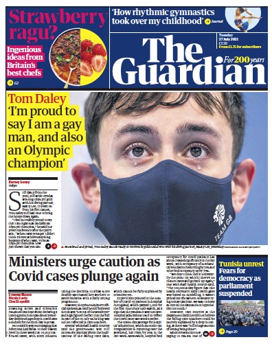 The Guardian Newspaper Front Page (UK) for 27 July 2021