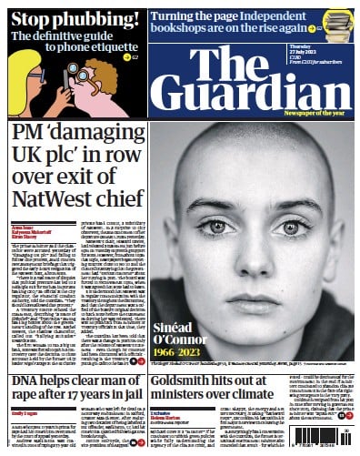 The Guardian Newspaper Front Page (UK) for 27 July 2023