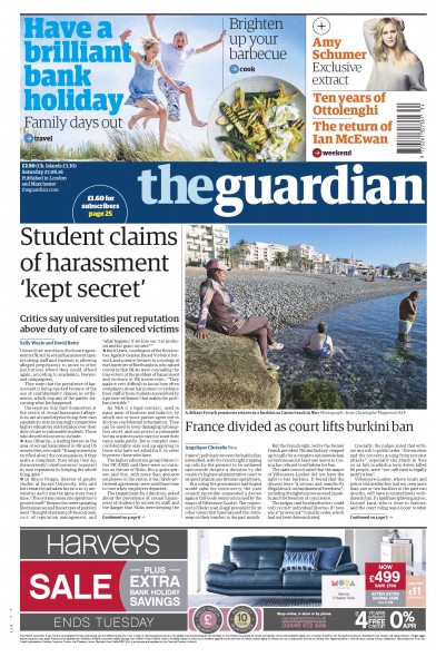 The Guardian Newspaper Front Page (UK) for 27 August 2016