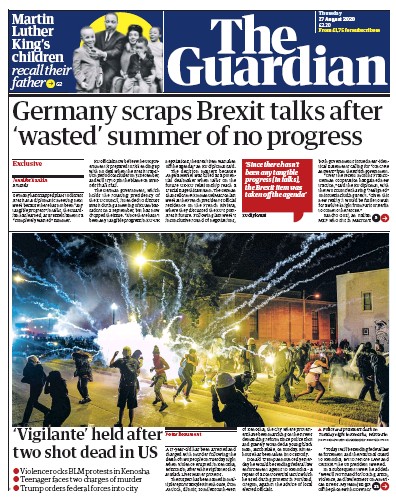 The Guardian Newspaper Front Page (UK) for 27 August 2020