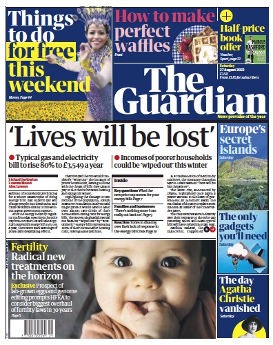 The Guardian Newspaper Front Page (UK) for 27 August 2022