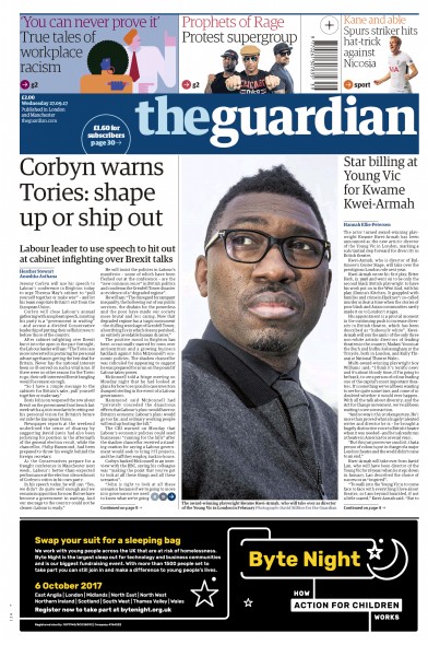 The Guardian Newspaper Front Page (UK) for 27 September 2017
