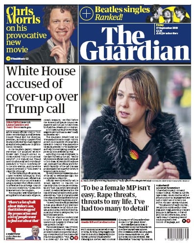 The Guardian Newspaper Front Page (UK) for 27 September 2019