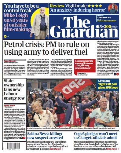 The Guardian Newspaper Front Page (UK) for 27 September 2021