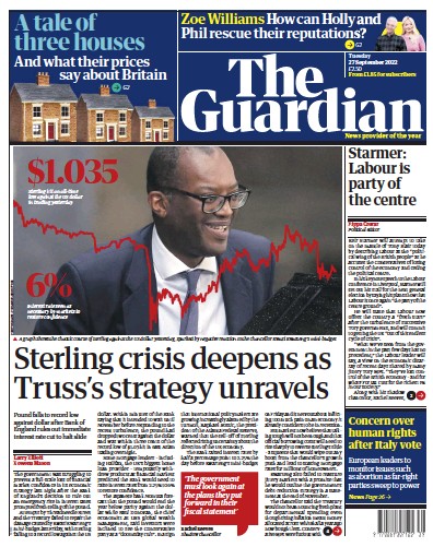 The Guardian Newspaper Front Page (UK) for 27 September 2022