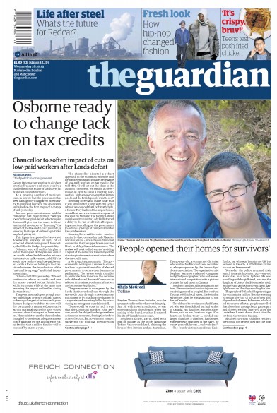 The Guardian Newspaper Front Page (UK) for 28 October 2015