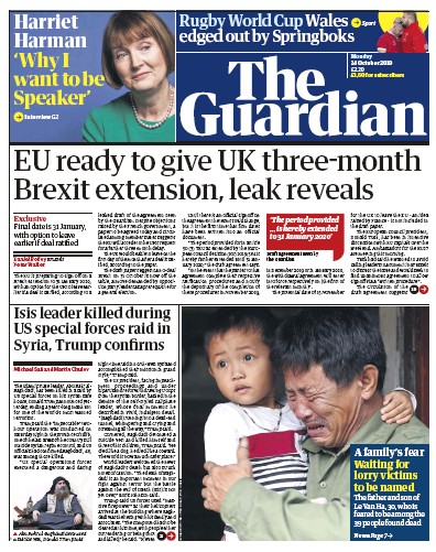 The Guardian Newspaper Front Page (UK) for 28 October 2019