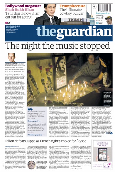 The Guardian Newspaper Front Page (UK) for 28 November 2016
