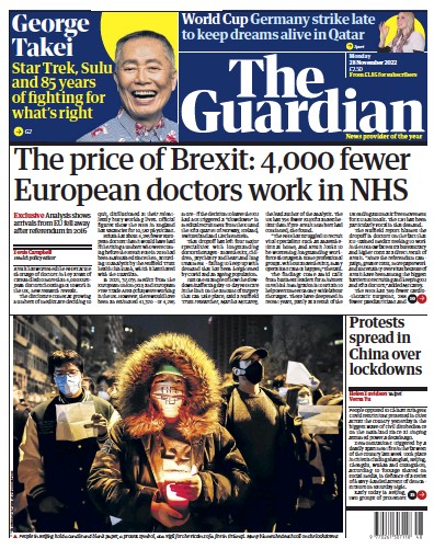 The Guardian Newspaper Front Page (UK) for 28 November 2022