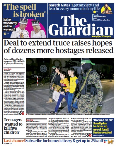 The Guardian Newspaper Front Page (UK) for 28 November 2023