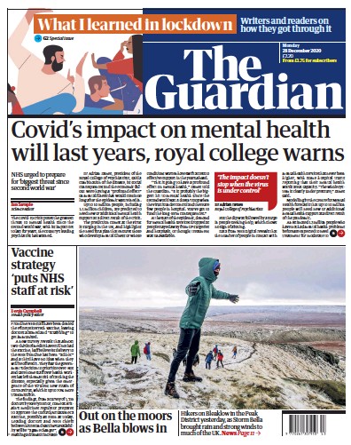 The Guardian Newspaper Front Page (UK) for 28 December 2020