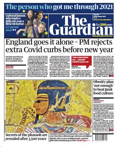 The Guardian Newspaper Front Page (UK) for 28 December 2021