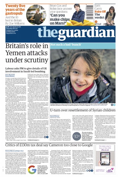 The Guardian Newspaper Front Page (UK) for 28 January 2016