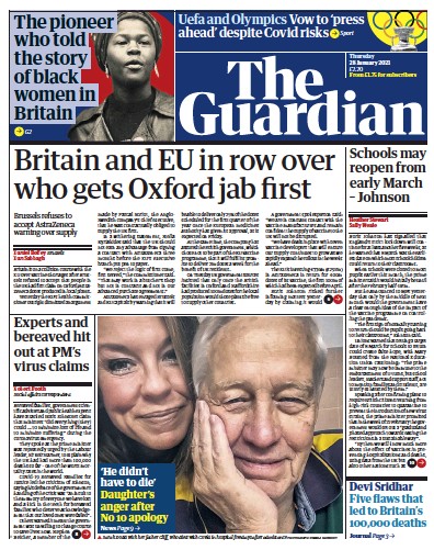 The Guardian Newspaper Front Page (UK) for 28 January 2021