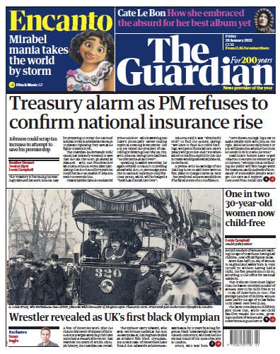 The Guardian Newspaper Front Page (UK) for 28 January 2022
