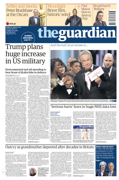 The Guardian Newspaper Front Page (UK) for 28 February 2017