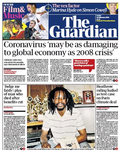 The Guardian Newspaper Front Page (UK) for 28 February 2020