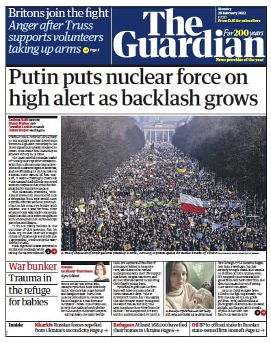 The Guardian Newspaper Front Page (UK) for 28 February 2022