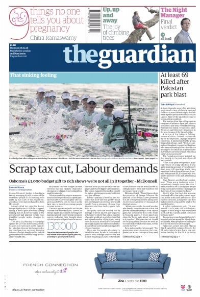 The Guardian Newspaper Front Page (UK) for 28 March 2016