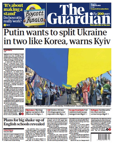 The Guardian Newspaper Front Page (UK) for 28 March 2022