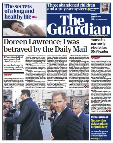 The Guardian Newspaper Front Page (UK) for 28 March 2023