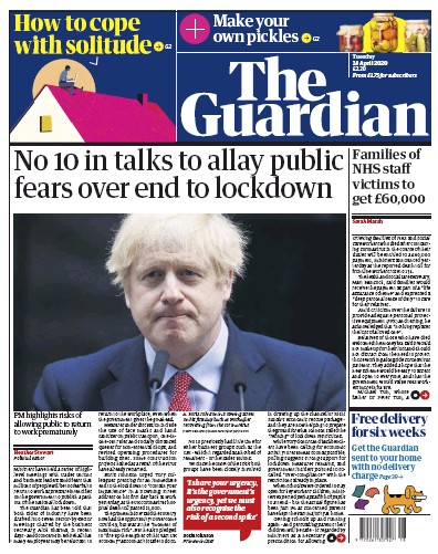 The Guardian Newspaper Front Page (UK) for 28 April 2020