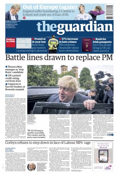 The Guardian Newspaper Front Page (UK) for 28 June 2016