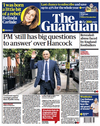 The Guardian Newspaper Front Page (UK) for 28 June 2021
