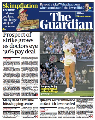 The Guardian Newspaper Front Page (UK) for 28 June 2022