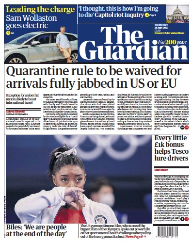The Guardian Newspaper Front Page (UK) for 28 July 2021