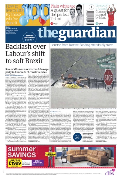 The Guardian Newspaper Front Page (UK) for 28 August 2017
