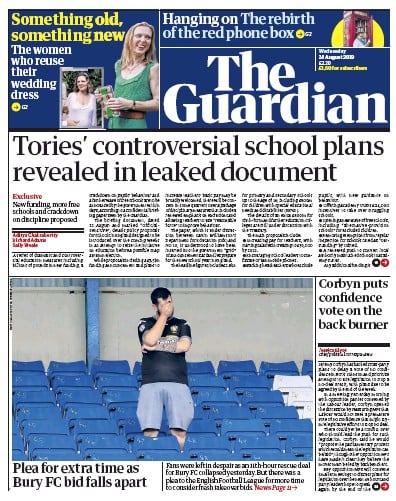 The Guardian Newspaper Front Page (UK) for 28 August 2019