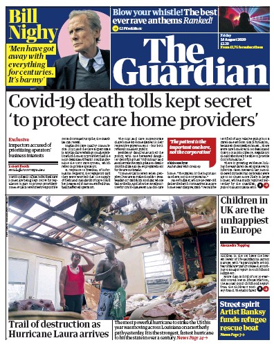 The Guardian Newspaper Front Page (UK) for 28 August 2020