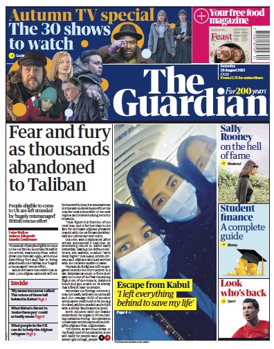 The Guardian Newspaper Front Page (UK) for 28 August 2021