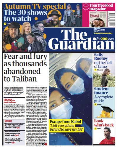 The Guardian Newspaper Front Page (UK) for 28 August 2021
