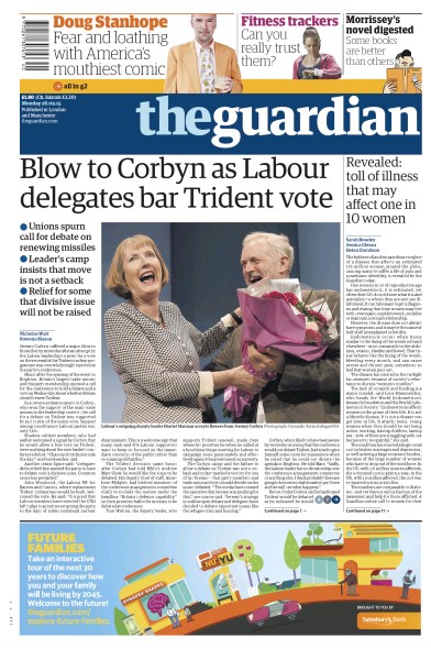 The Guardian Newspaper Front Page (UK) for 28 September 2015
