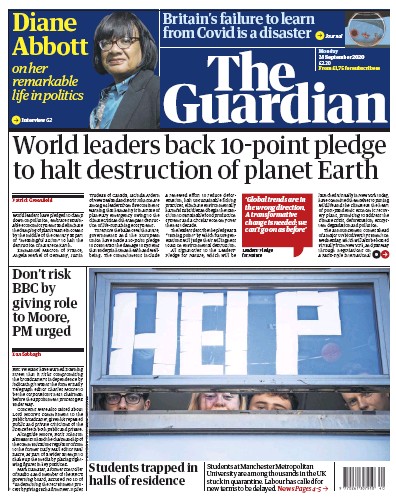 The Guardian Newspaper Front Page (UK) for 28 September 2020