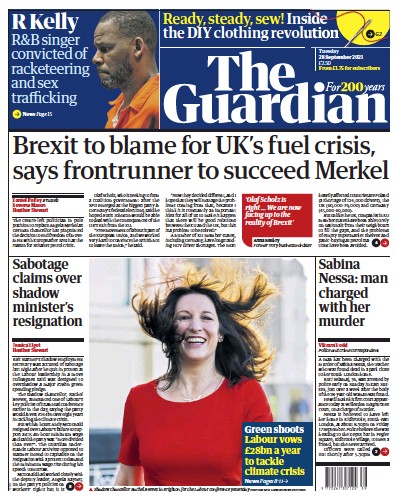 The Guardian Newspaper Front Page (UK) for 28 September 2021