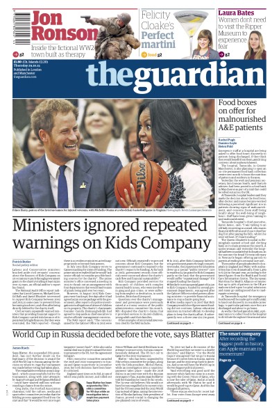 The Guardian Newspaper Front Page (UK) for 29 October 2015