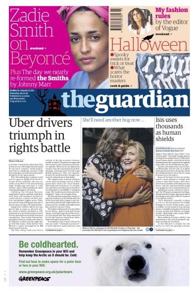 The Guardian Newspaper Front Page (UK) for 29 October 2016