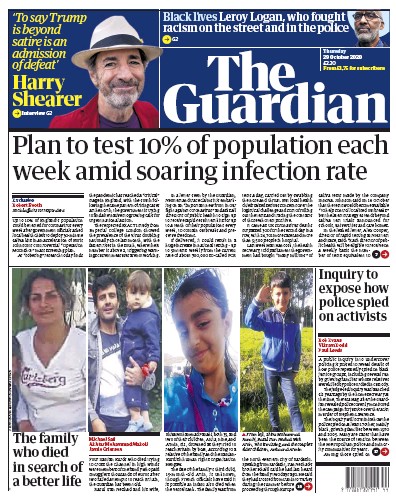 The Guardian Newspaper Front Page (UK) for 29 October 2020