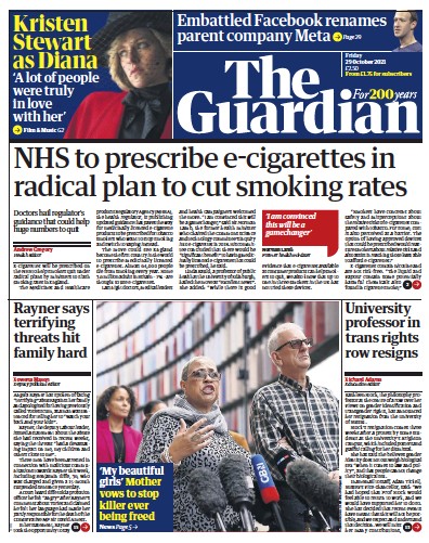 The Guardian Newspaper Front Page (UK) for 29 October 2021