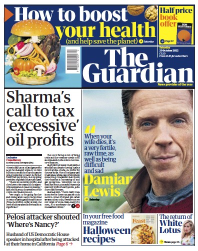 The Guardian Newspaper Front Page (UK) for 29 October 2022