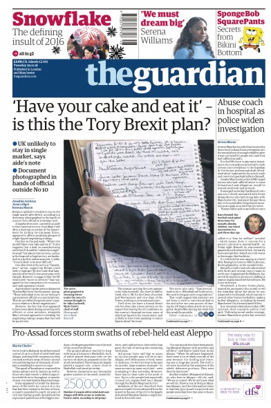 The Guardian Newspaper Front Page (UK) for 29 November 2016