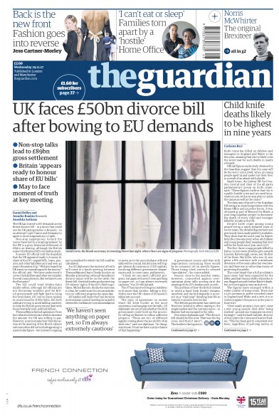 The Guardian Newspaper Front Page (UK) for 29 November 2017