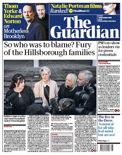 The Guardian Newspaper Front Page (UK) for 29 November 2019